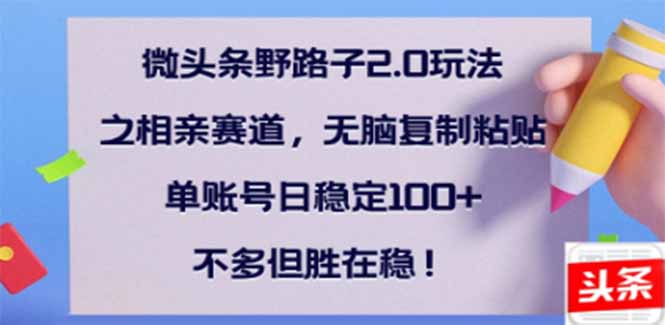 （14334期）微头条野路子2.0玩法之相亲赛道，无脑搬砖复制粘贴，单账号日稳定300+…-山河网创