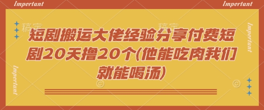 短剧搬运大佬经验分享付费短剧20天撸20个(他能吃肉我们就能喝汤)-山河网创